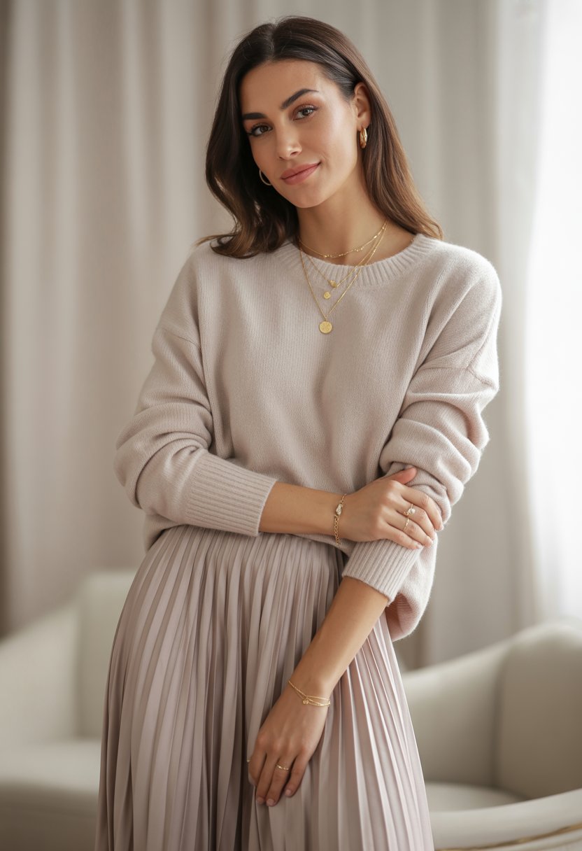 A woman wearing a beige cashmere sweater and a pleated silk midi skirt, accessorized with delicate gold jewelry, standing in front of a neutral background.