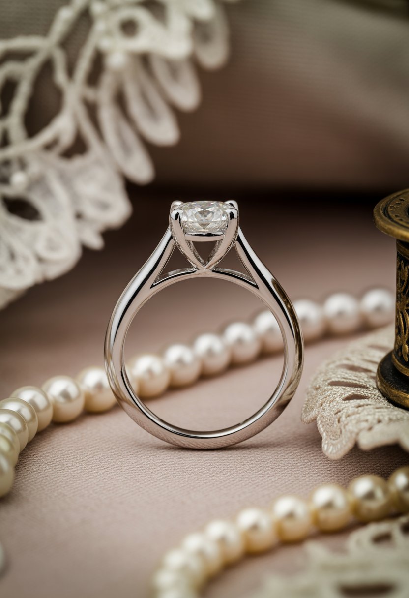 A solitaire engagement ring with a sparkling diamond in a cathedral setting resting on a soft fabric background with vintage accessories nearby.