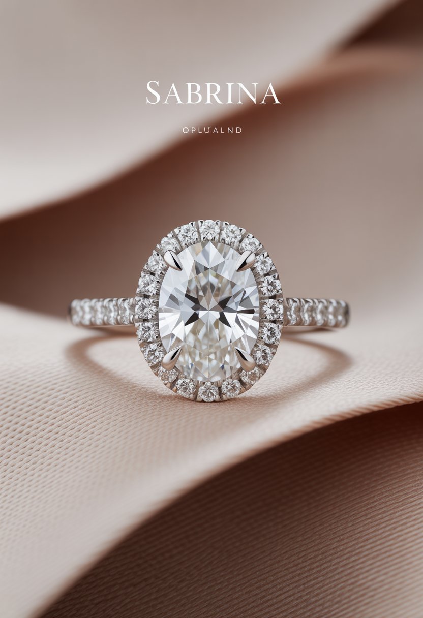 Close-up of an elegant oval diamond engagement ring with a halo setting on a soft fabric surface.