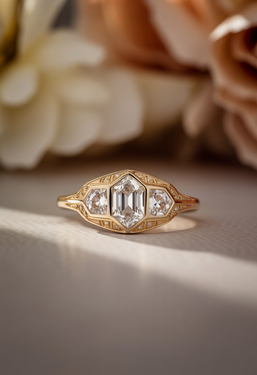 Close-up of a gold engagement ring with three gemstones on a soft surface with a blurred warm background.