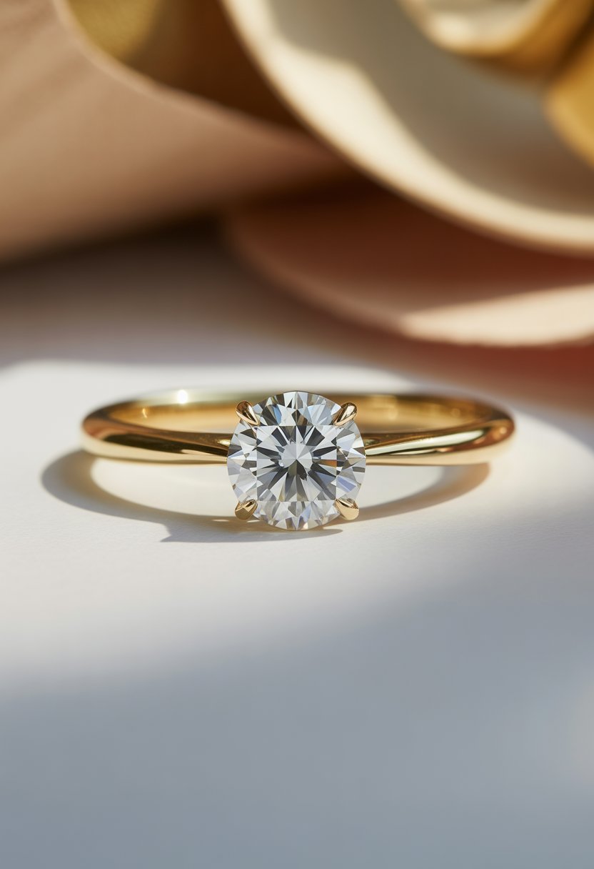 Close-up of a round brilliant solitaire engagement ring with a yellow gold band on a soft blurred background.