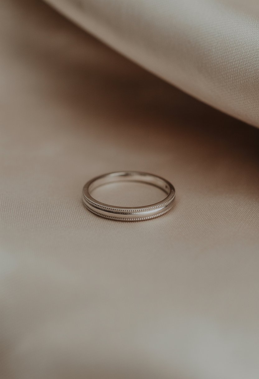 Close-up of a delicate milgrain band engagement ring on a soft fabric background.