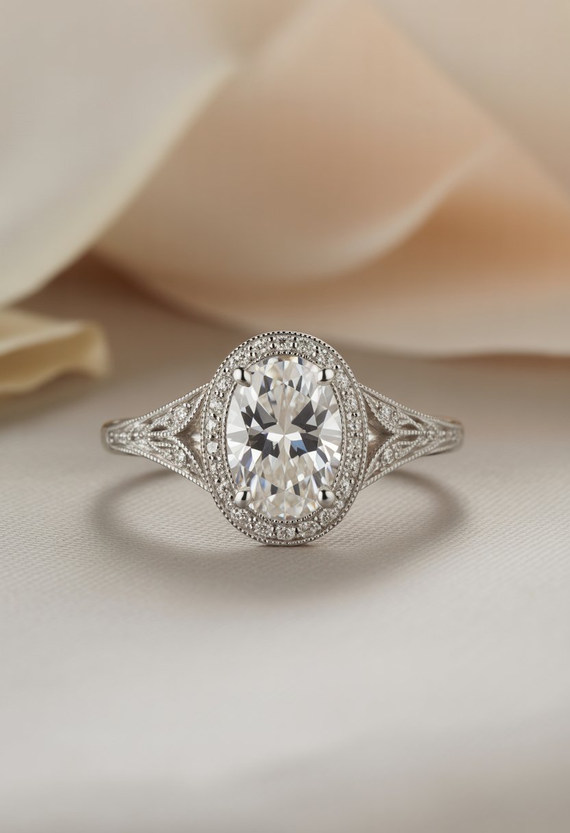 Close-up of an engagement ring with an oval center stone and detailed side designs on a neutral background.