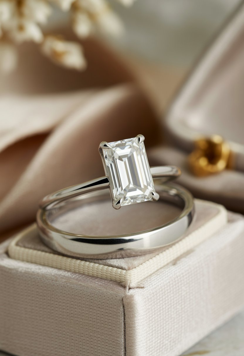 Close-up of an emerald cut diamond engagement ring with a clean, elegant design on a soft, blurred background.