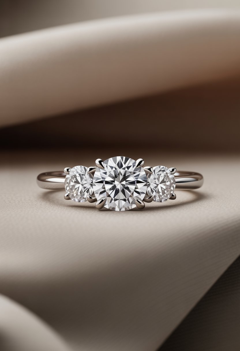 A three-stone diamond engagement ring with a large central diamond and two smaller side diamonds on a light fabric background.