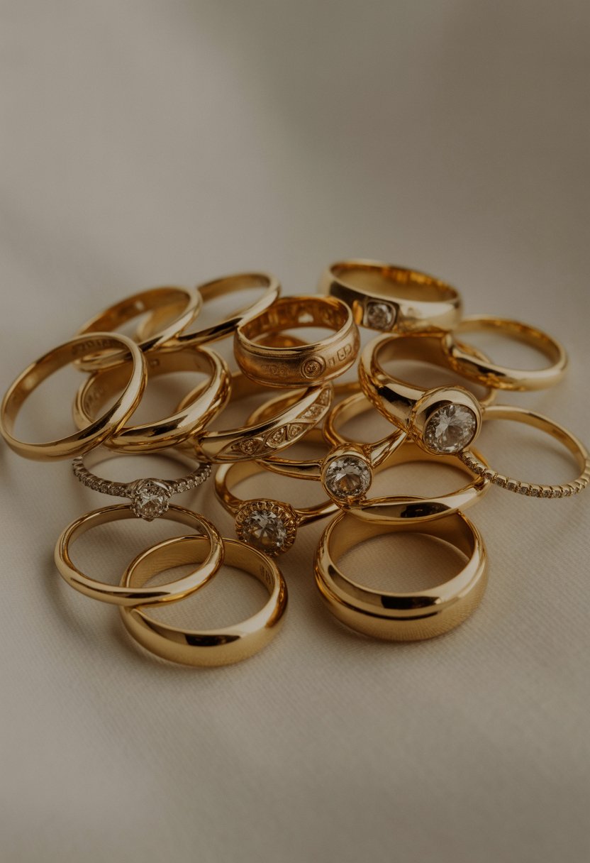 A collection of fifteen yellow gold engagement rings with various gemstones arranged on a soft neutral background.