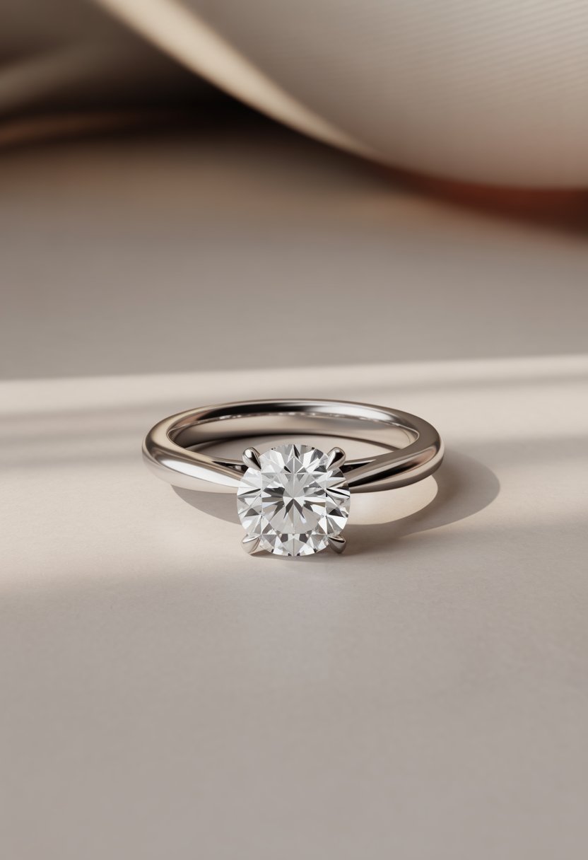 Close-up of a platinum solitaire engagement ring with a cathedral setting on a neutral background.