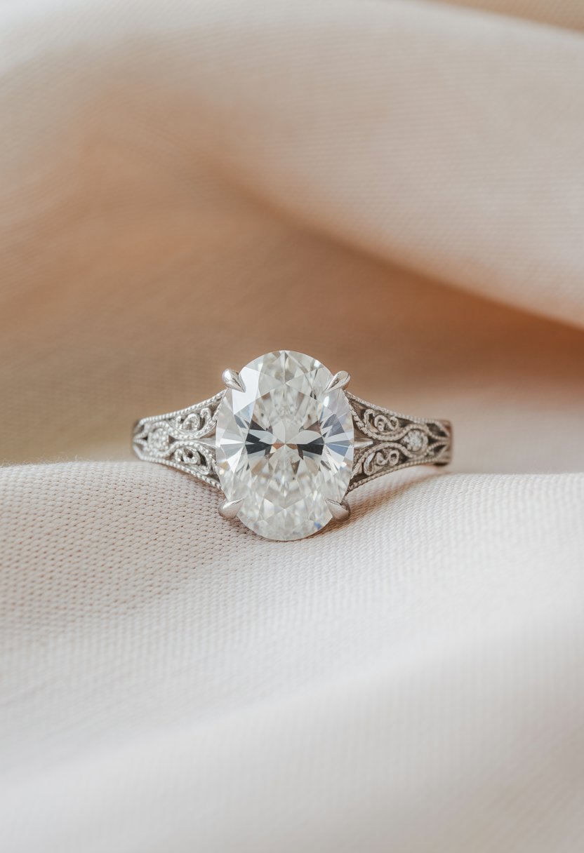 Close-up of an engagement ring with an oval diamond and detailed filigree band on a soft fabric background.