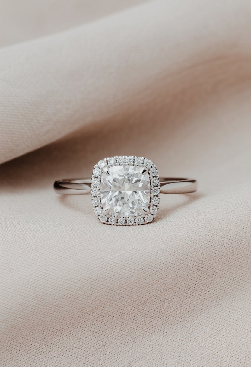 A close-up of a cushion cut halo engagement ring resting on soft fabric.