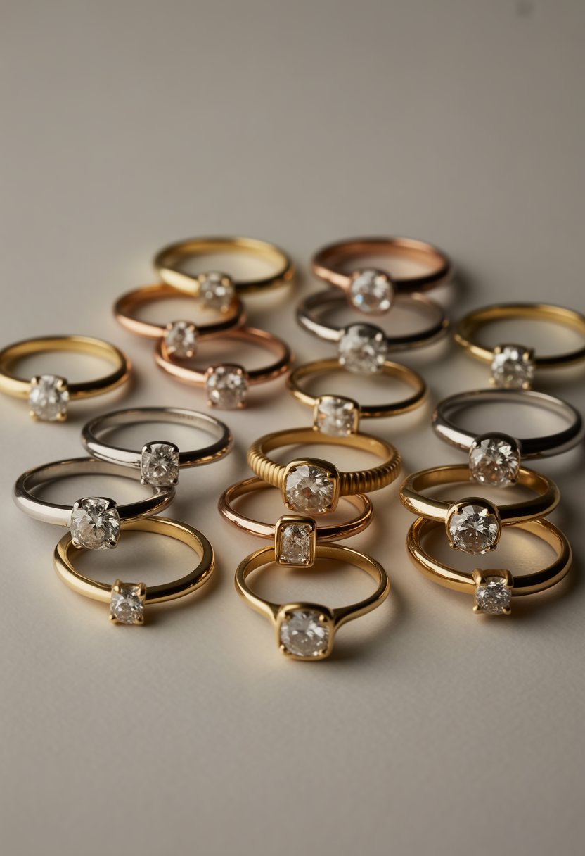 A collection of 15 simple engagement rings with low-profile settings displayed on a neutral background.
