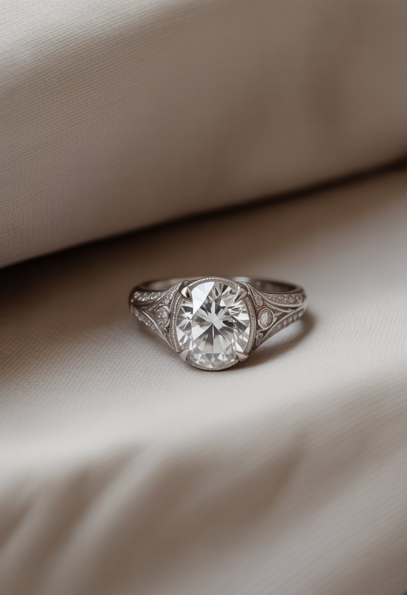 A close-up of a diamond engagement ring with intricate detailing resting on soft fabric.