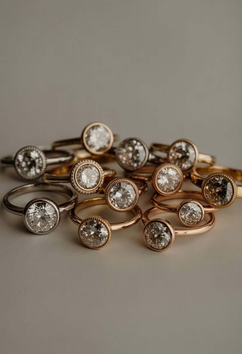 A collection of 15 engagement rings with round diamonds and vintage bezel settings arranged on a neutral background.
