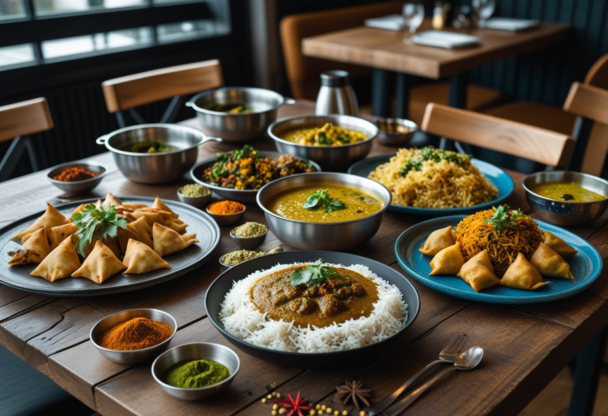 A table with a variety of traditional Indian dishes including butter chicken, samosas, naan bread, and biryani, set in a modern restaurant.