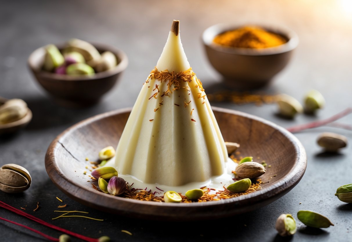 A traditional Indian kulfi on a wooden plate garnished with pistachios and saffron, surrounded by cardamom pods and saffron threads.