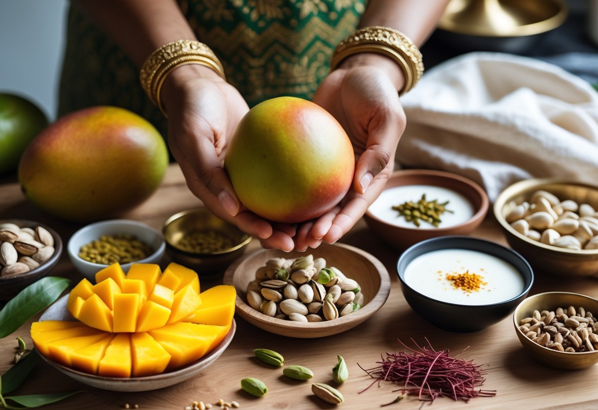 Hands selecting fresh ingredients like mangoes, pistachios, and cardamom on a kitchen counter for making Indian kulfi.