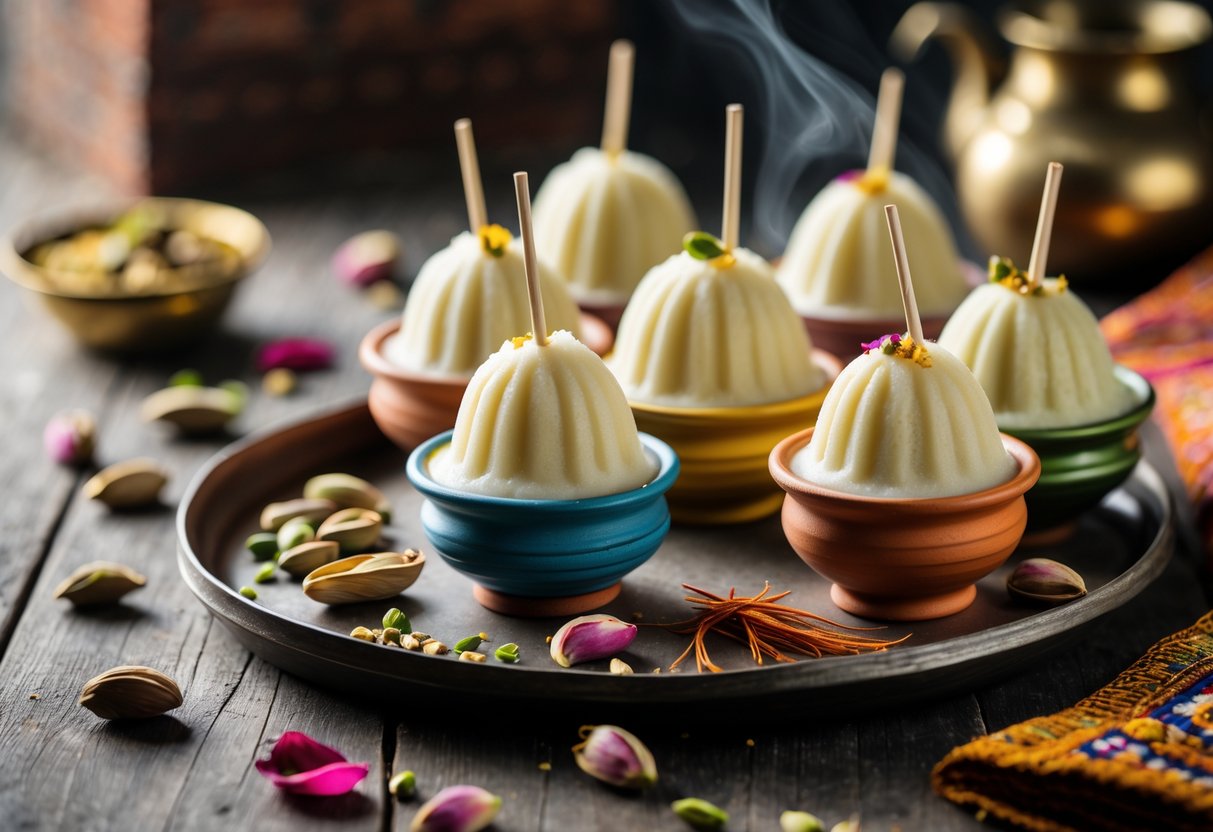 Close-up of traditional Indian kulfi on a wooden table with cardamom, pistachios, and saffron around it.