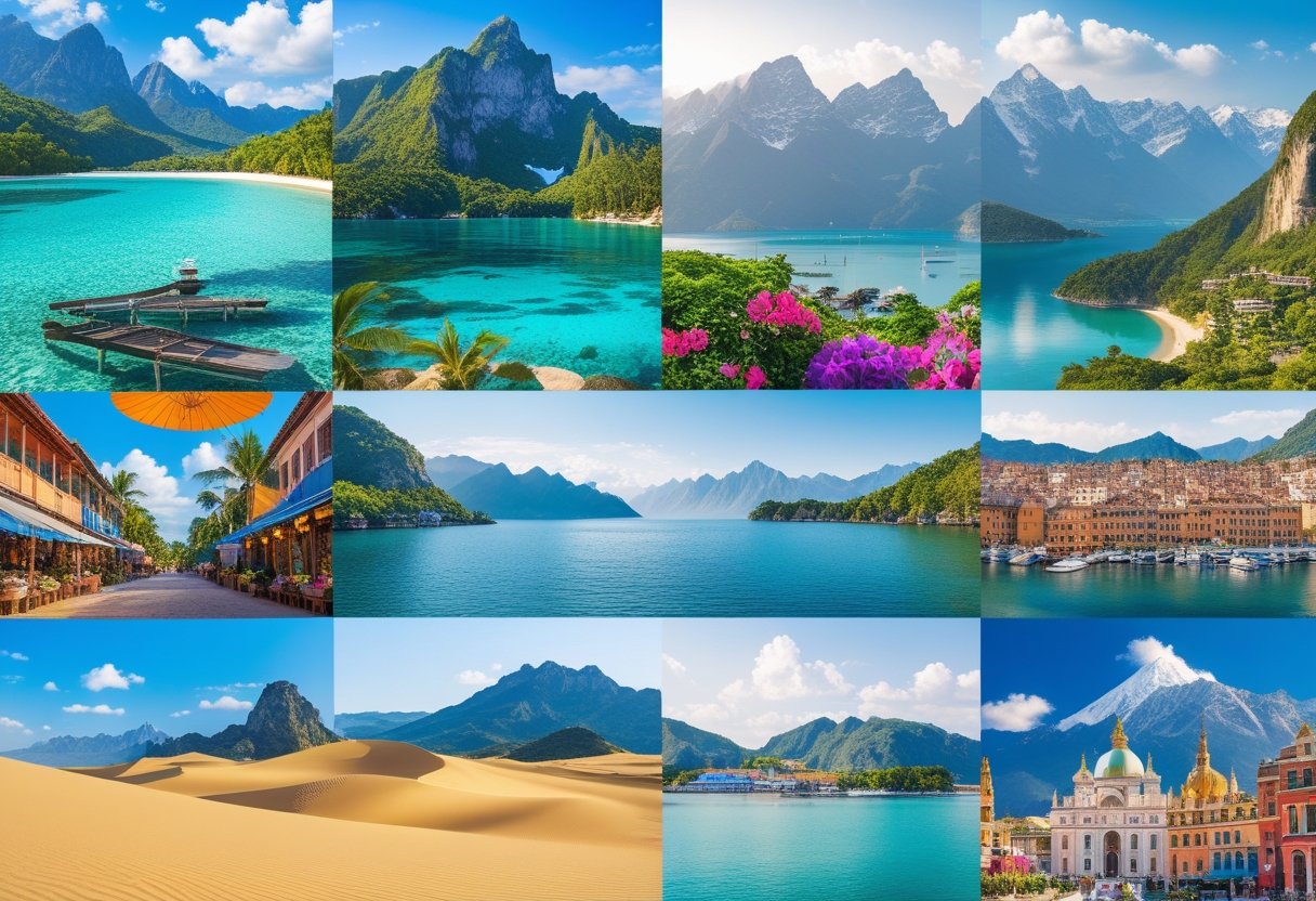 A collage of diverse vacation destinations including beaches, mountains, forests, lakes, historic cities, deserts, coastal towns, and cultural festivals.