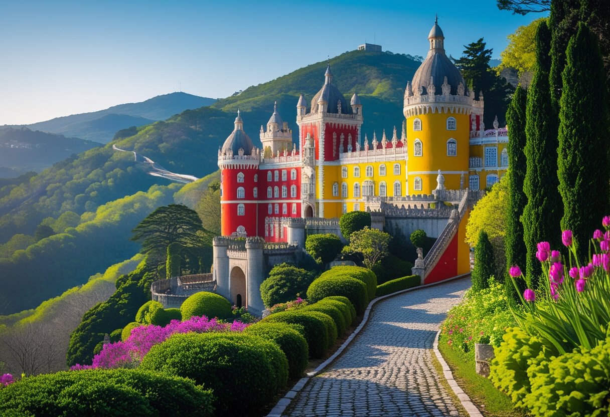 Colorful Pena Palace and lush green hills in Sintra, Portugal, under a clear blue sky.