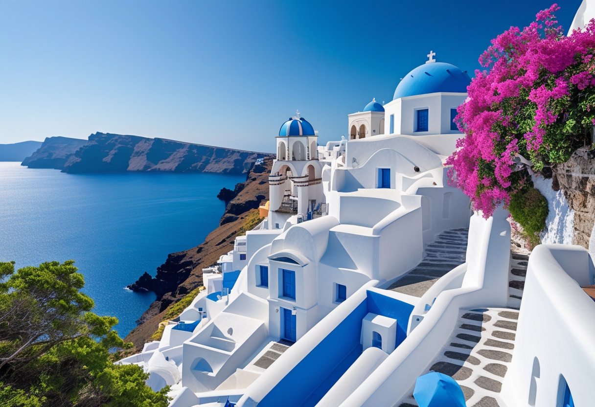 View of white buildings with blue domes on cliffs overlooking the blue sea in Santorini, Greece.