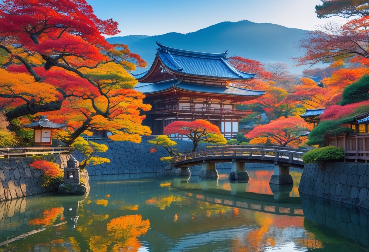 A traditional Japanese temple surrounded by colorful autumn trees and a calm pond reflecting the scene in Kyoto, Japan.