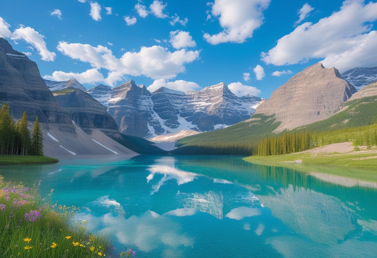 A clear turquoise lake surrounded by snow-capped mountains and green pine trees under a blue sky.