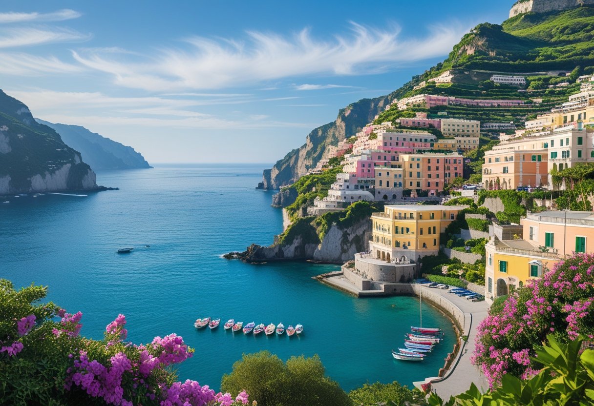 Colorful houses on cliffs overlooking a calm turquoise sea with boats and greenery on the Amalfi Coast in Italy.