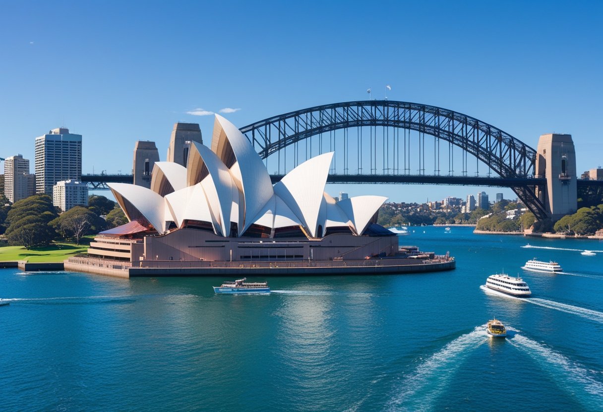 Panoramic view of Sydney Harbour with the Opera House, Harbour Bridge, city skyline, and boats on the water under a clear sky.