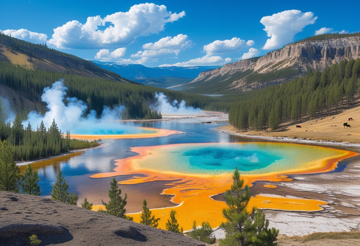 A scenic view of Yellowstone National Park with green forests, colorful hot springs, mountains, a river, and grazing wildlife.