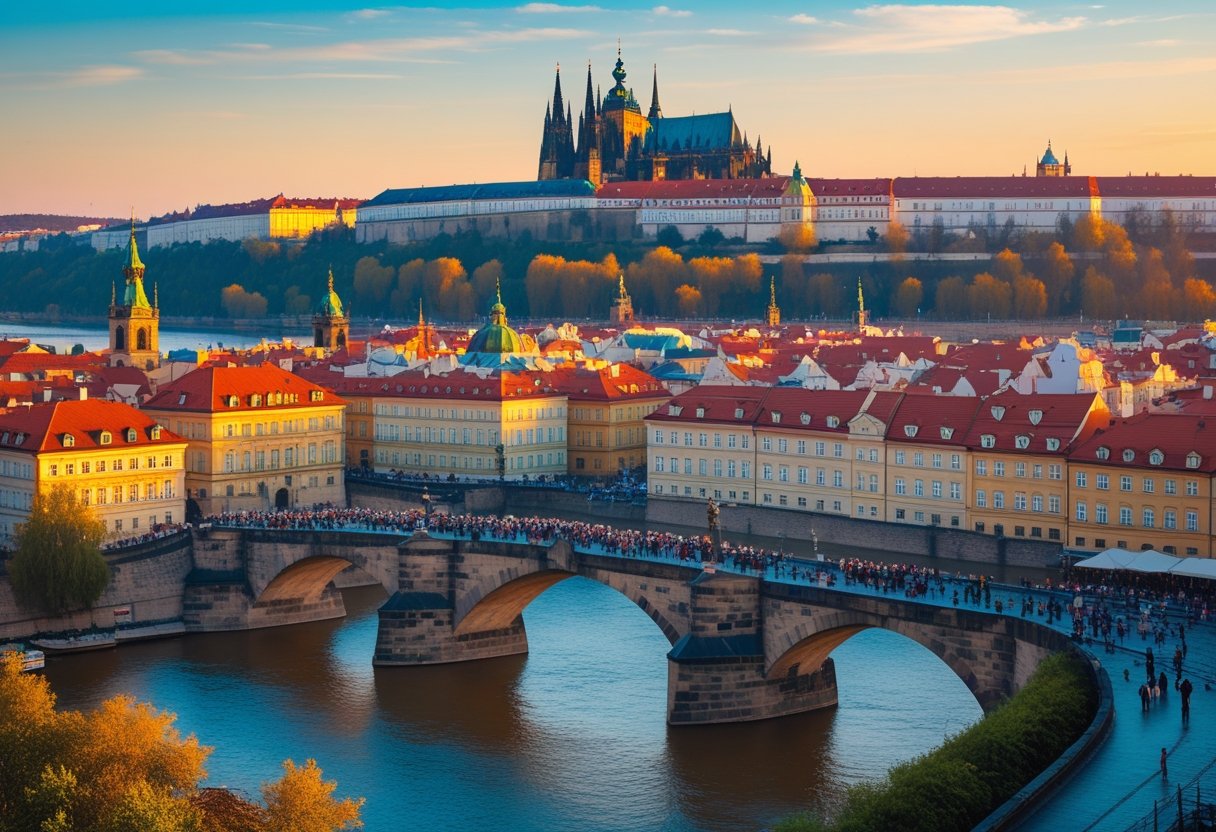 Panoramic view of Prague with Charles Bridge, Vltava River, and Prague Castle under a warm sky.