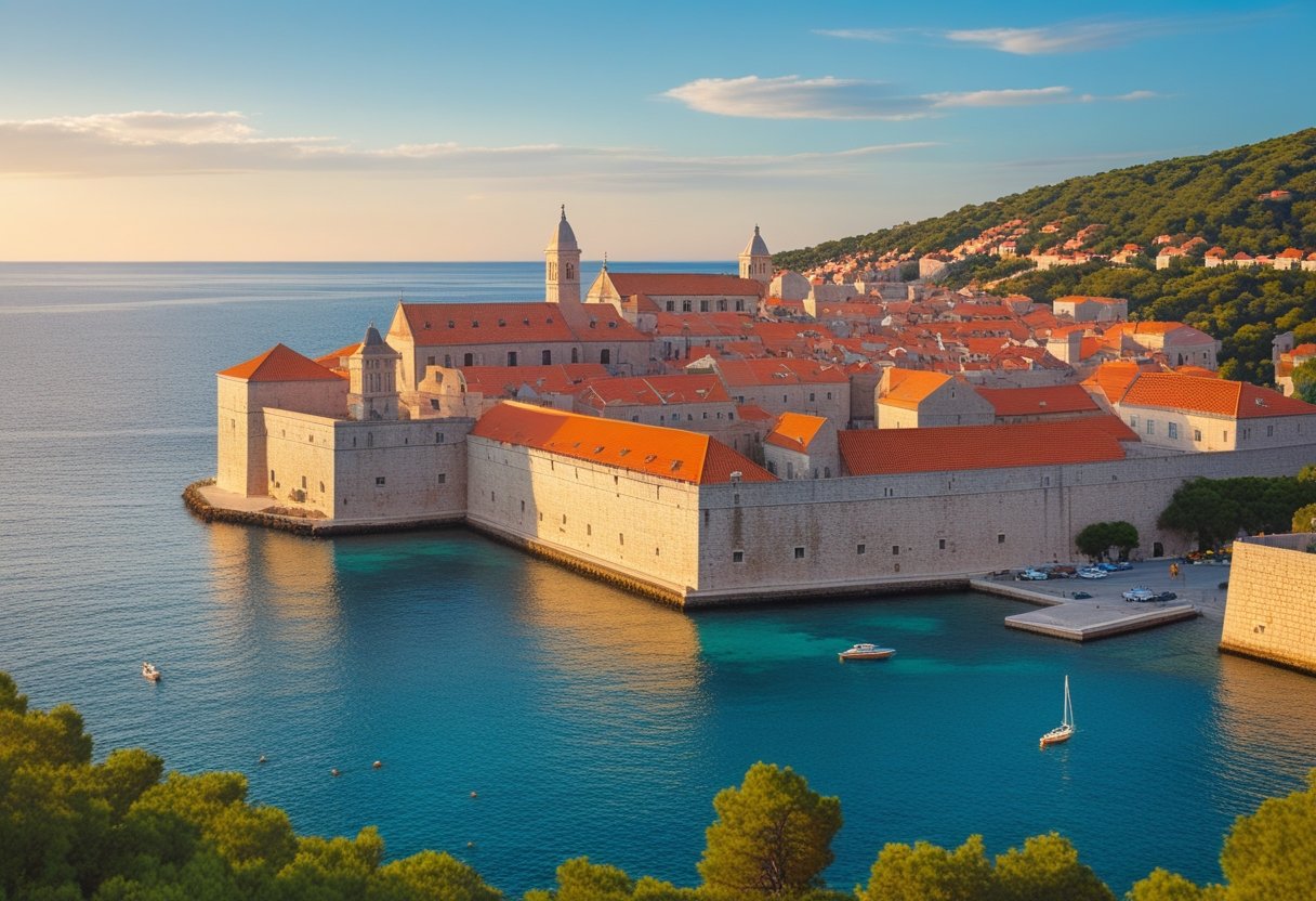 View of Dubrovnik, Croatia with ancient city walls, terracotta rooftops, and the blue Adriatic Sea under a clear sky.