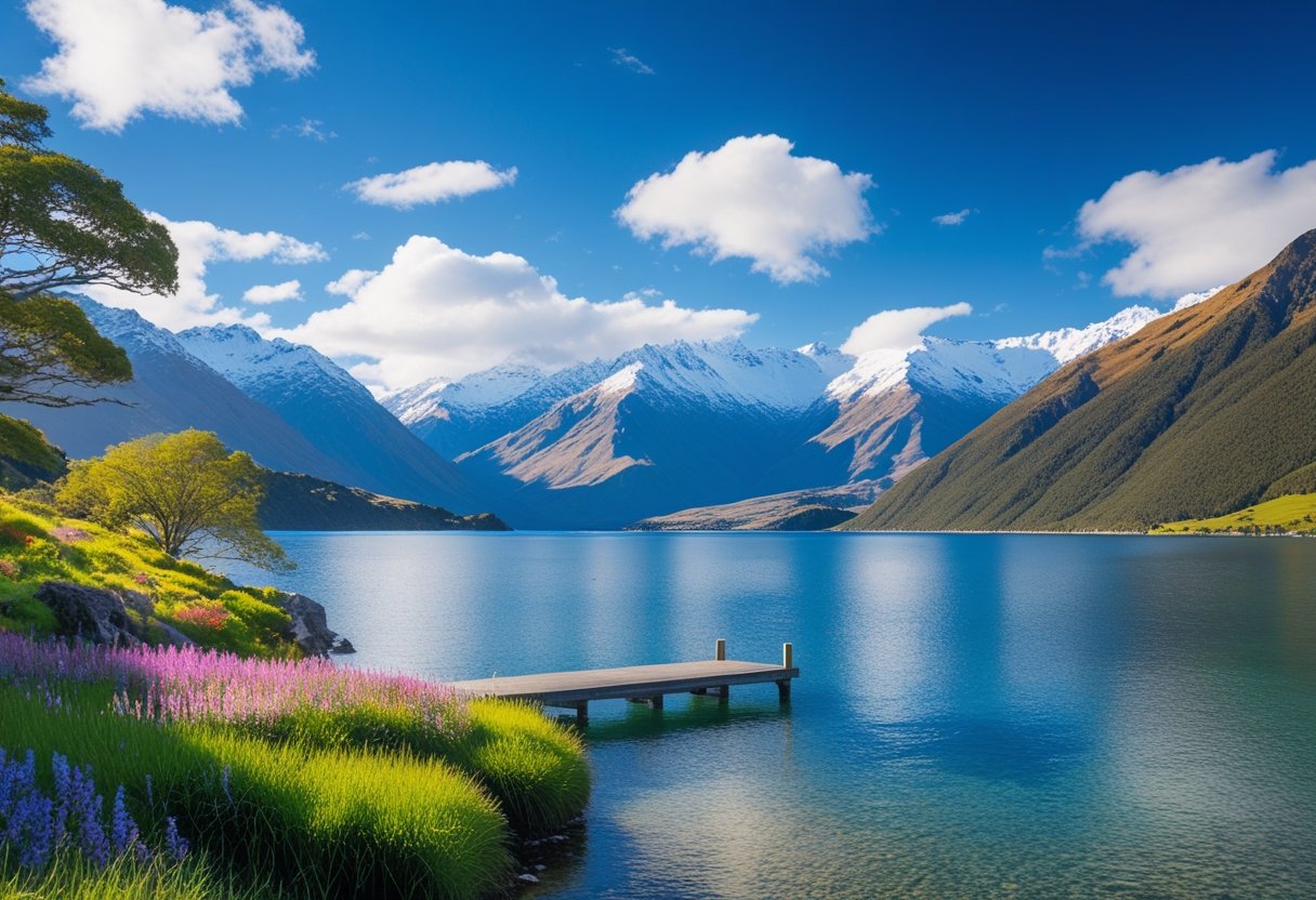 Panoramic view of a clear lake surrounded by snow-capped mountains and green trees with a wooden jetty extending into the water.