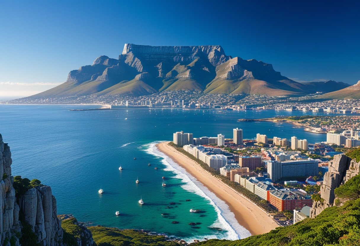 View of Table Mountain overlooking Cape Town city with ocean and beaches in the background.