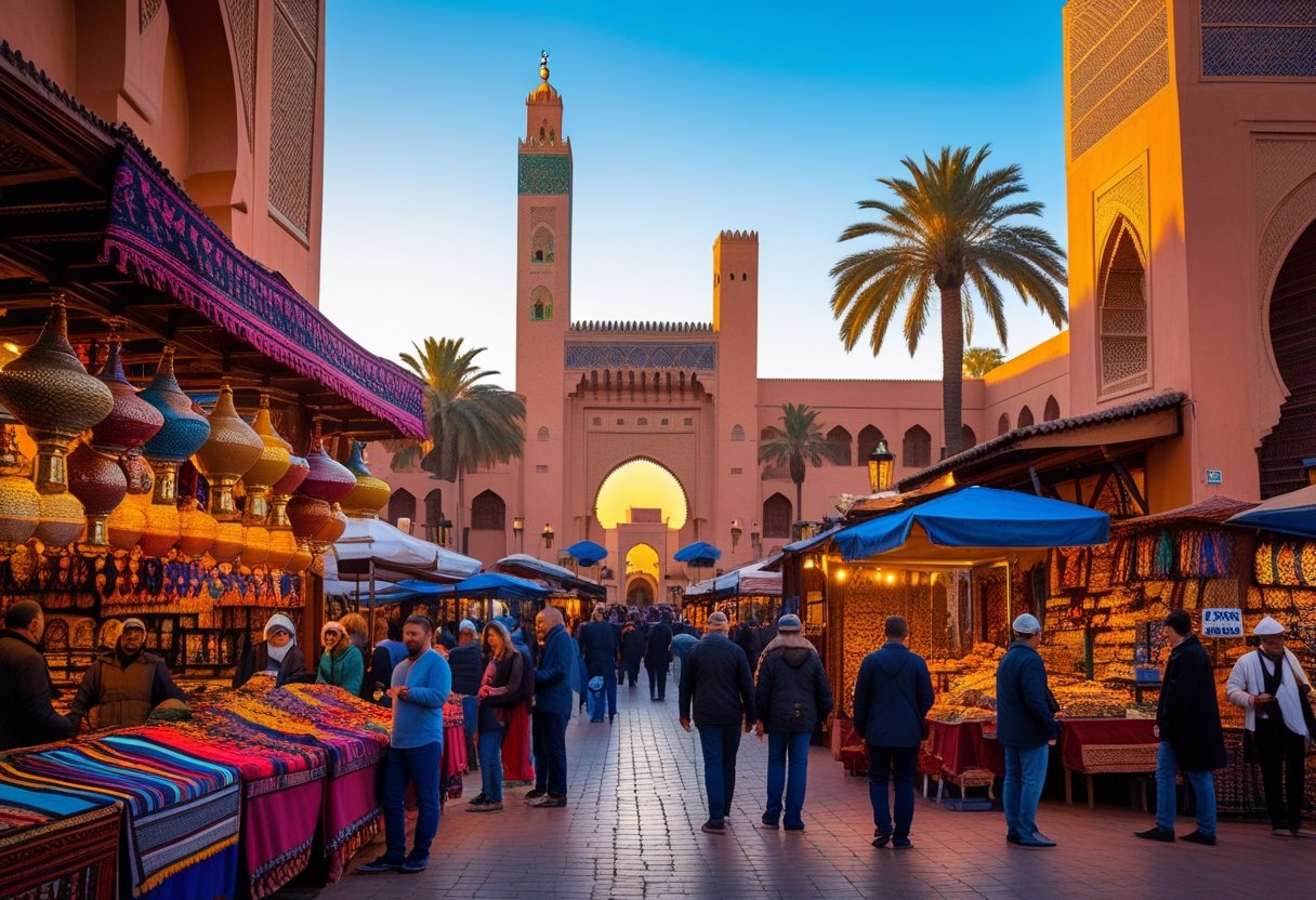 A lively market square in Marrakech, Morocco, with people, colorful stalls, and a mosque tower in the background at sunset.