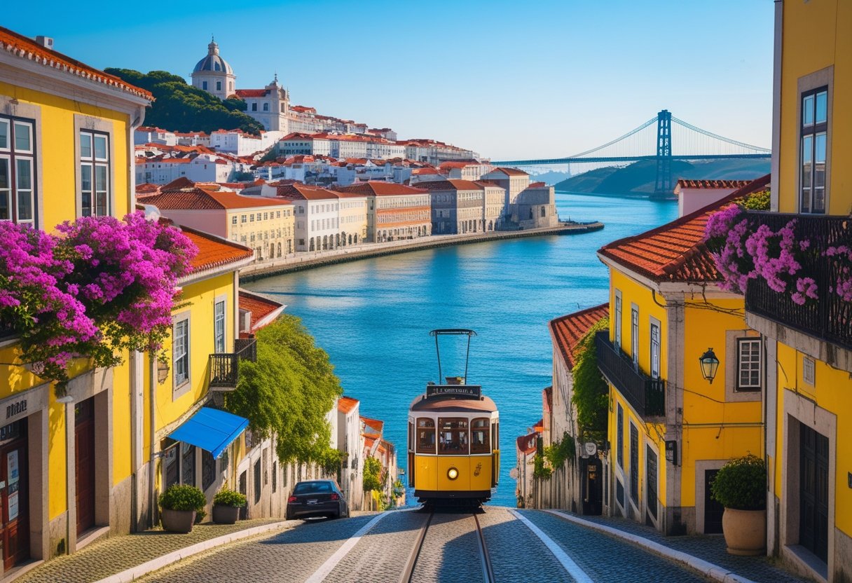 A colorful cityscape of Lisbon, Portugal showing red-tiled roofs, a yellow tram on cobblestone streets, the Tagus River, and a large suspension bridge in the background.