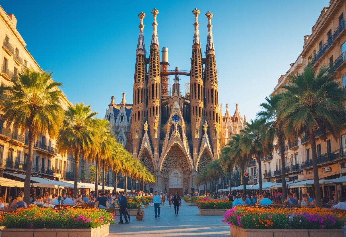 View of the Sagrada Familia basilica in Barcelona with people enjoying outdoor cafes and palm trees along a sunny boulevard near the sea.