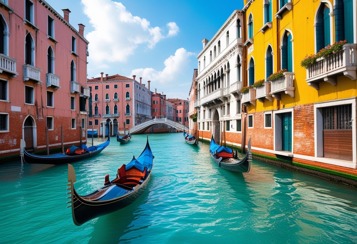 Gondolas floating on a calm canal surrounded by colorful Venetian buildings and stone bridges under a clear blue sky.