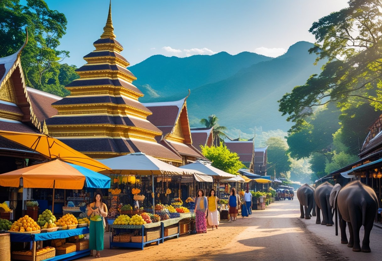 A scenic view of traditional temples, green mountains, colorful market stalls, and elephants in Chiang Mai, Thailand.
