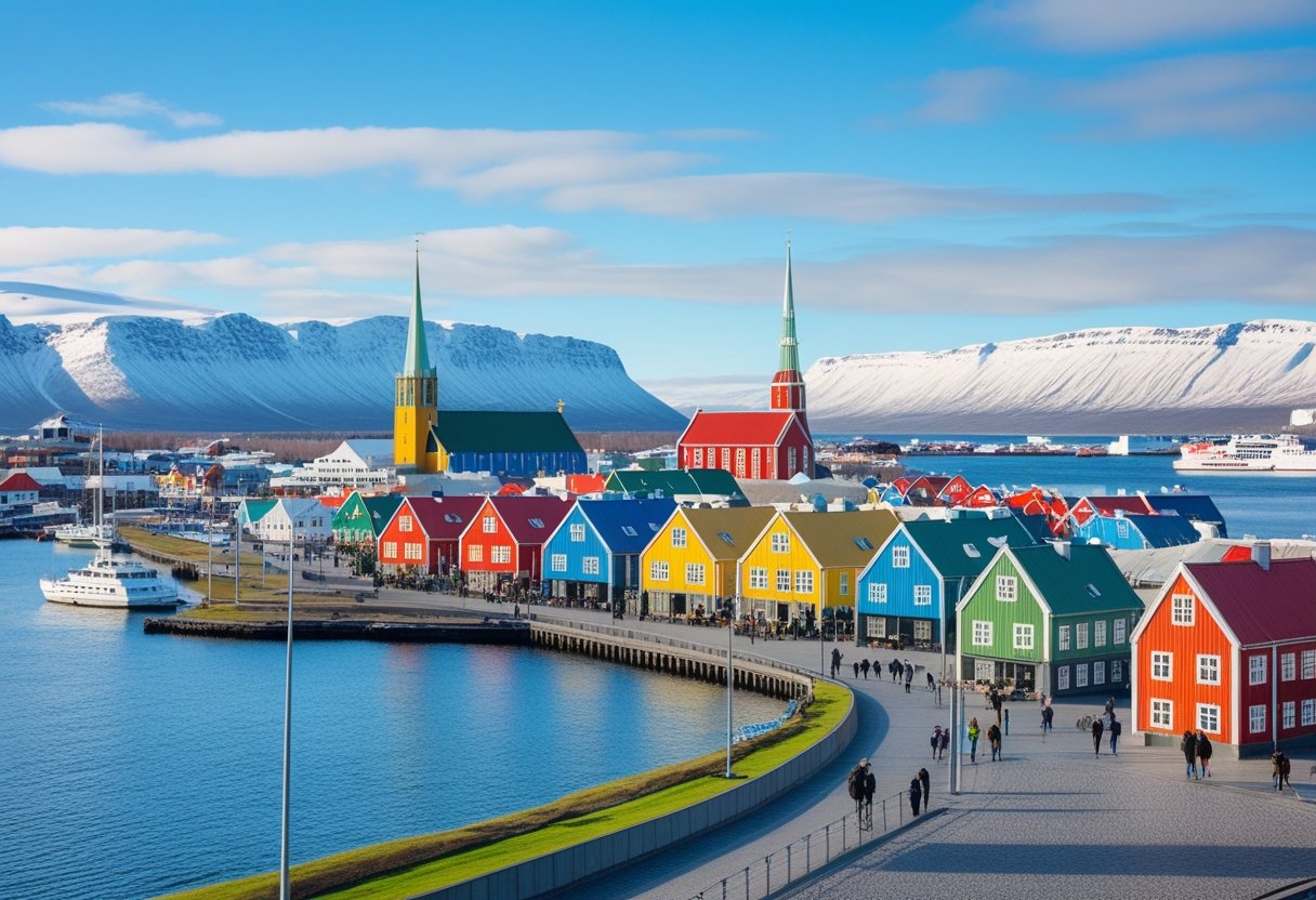 Colorful houses along the waterfront of Reykjavik with Hallgrímskirkja church and mountains in the background on a clear day.