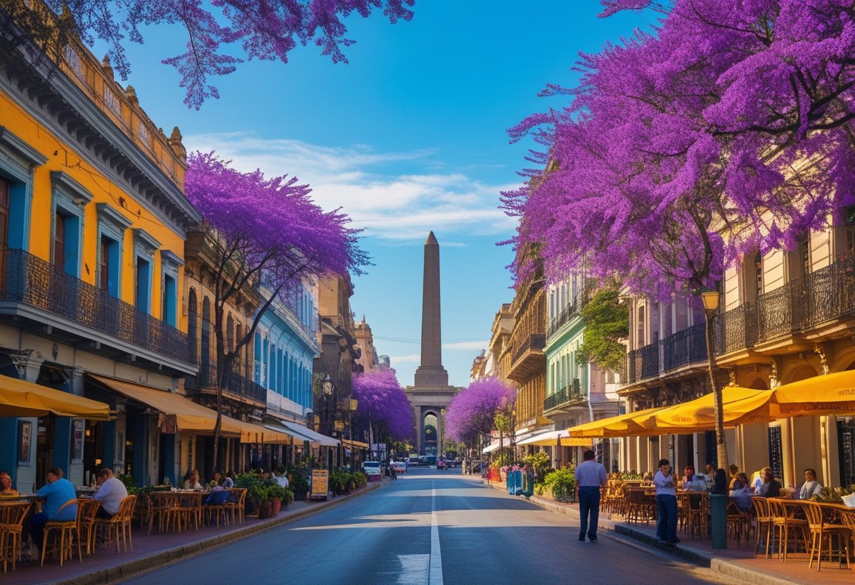 A lively street in Buenos Aires with colorful buildings, outdoor cafes, people walking, and jacaranda trees under a clear blue sky.