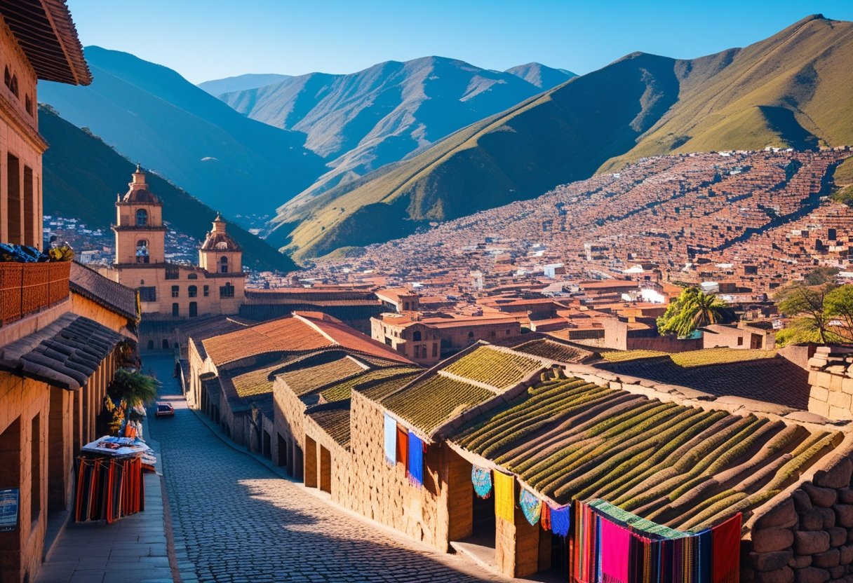 View of Cusco, Peru with red-tiled rooftops, stone buildings, green mountains, and clear blue sky.