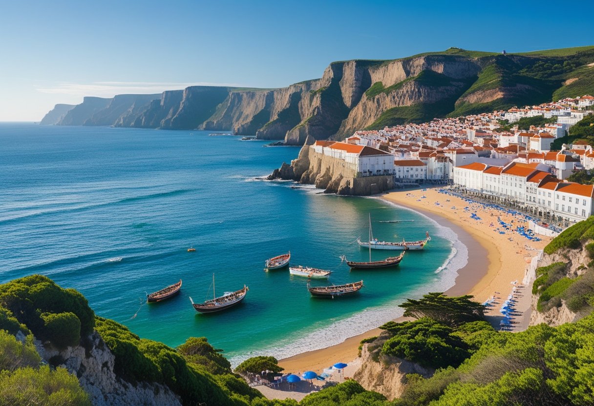 Panoramic view of the Lisbon Coast in Portugal with cliffs, sandy beaches, fishing boats, and white buildings on hills under a clear sky.