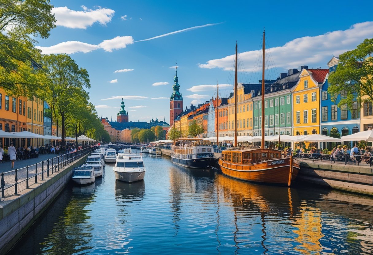 Colorful historic buildings along Stockholm waterfront with boats on calm water and people walking nearby.