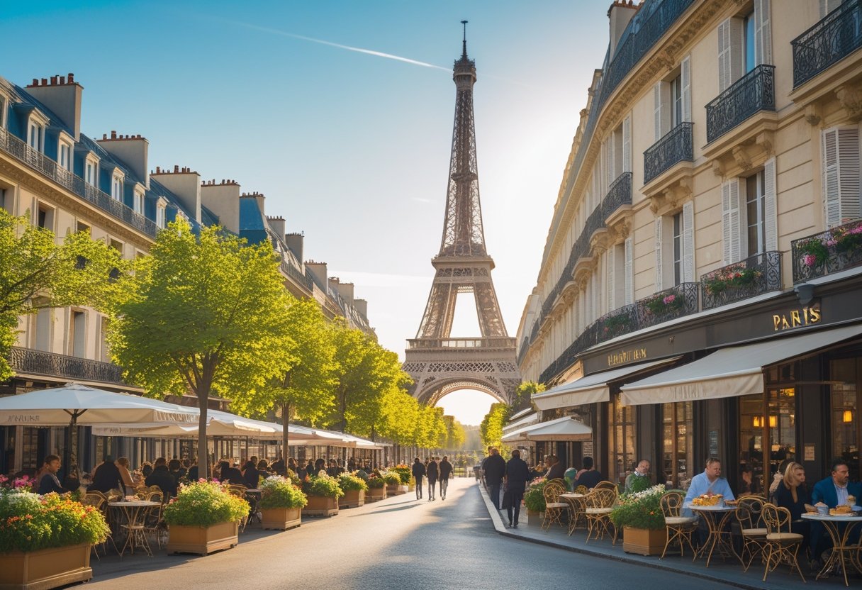 View of the Eiffel Tower behind a Parisian street café with outdoor seating, people enjoying coffee, and classic buildings lining a tree-lined street.