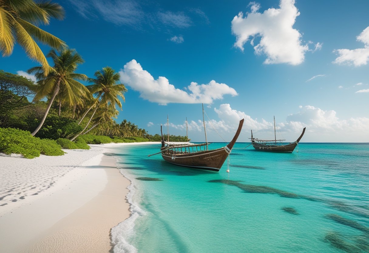 A white sandy beach with turquoise water, palm trees, and traditional wooden boats on the shore in Zanzibar, Tanzania.