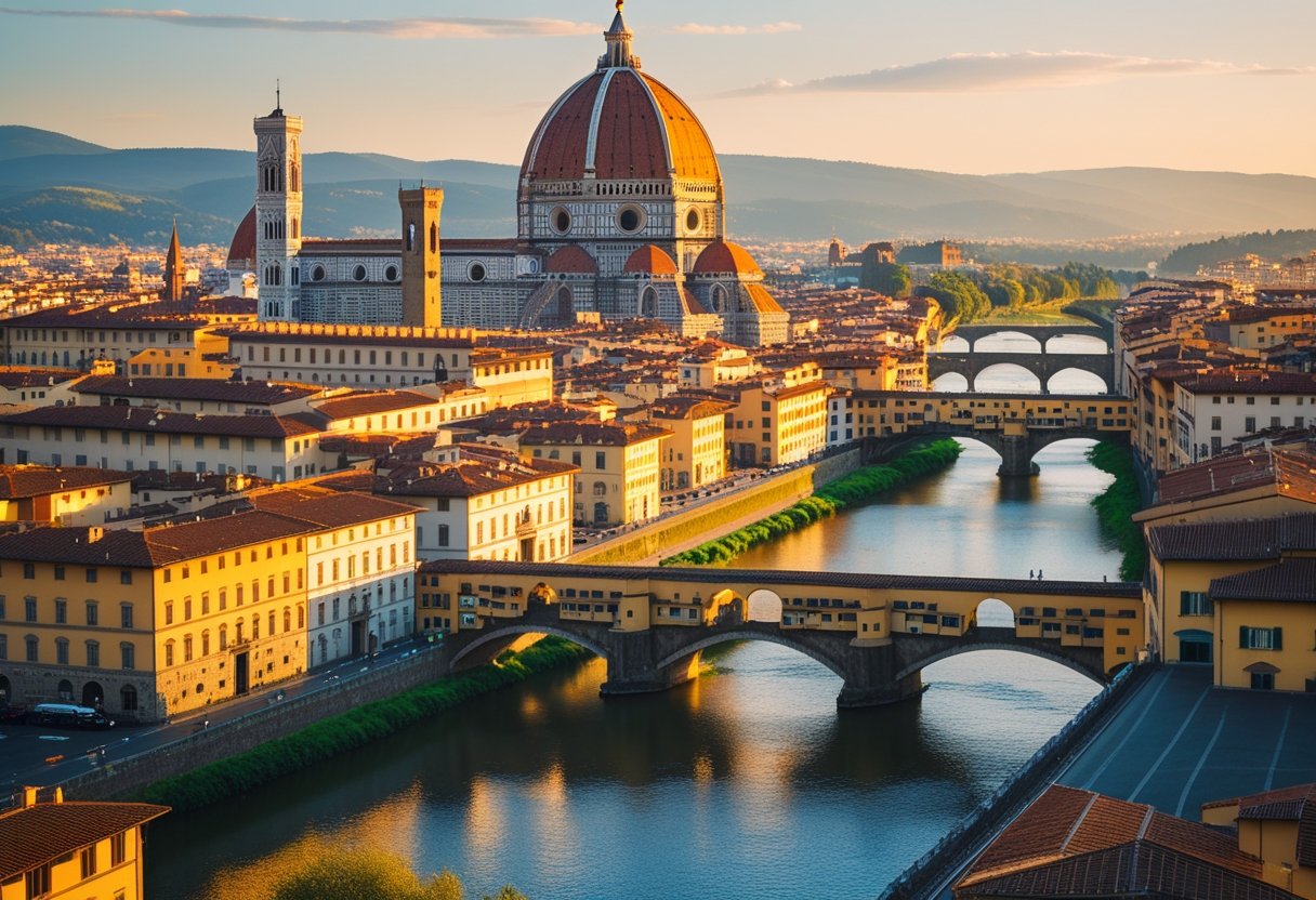 View of Florence, Italy with the Duomo, Ponte Vecchio bridge, and the Arno River under a clear sky.