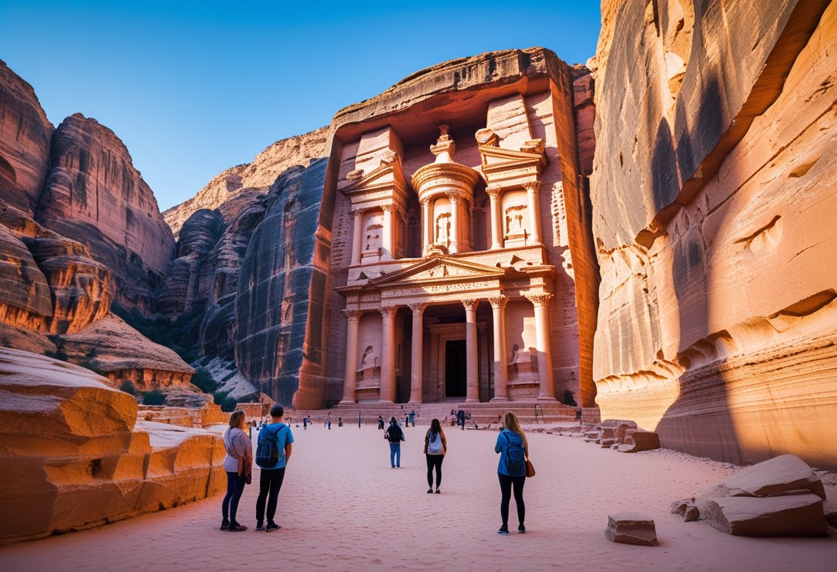 The iconic Treasury building carved into red sandstone cliffs at Petra, Jordan, with tourists nearby and a clear blue sky.