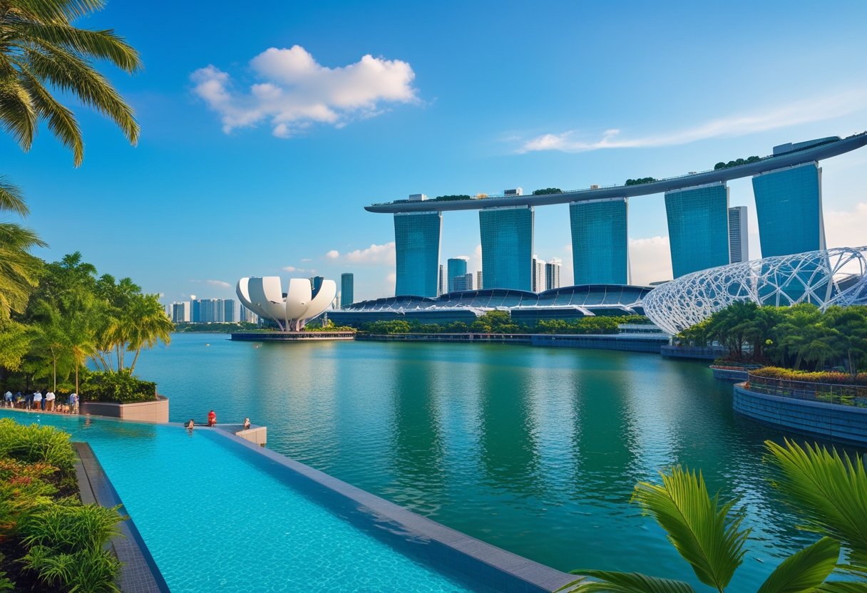 View of Singapore skyline with Marina Bay Sands, Supertree Grove, and tropical greenery under a clear sky.