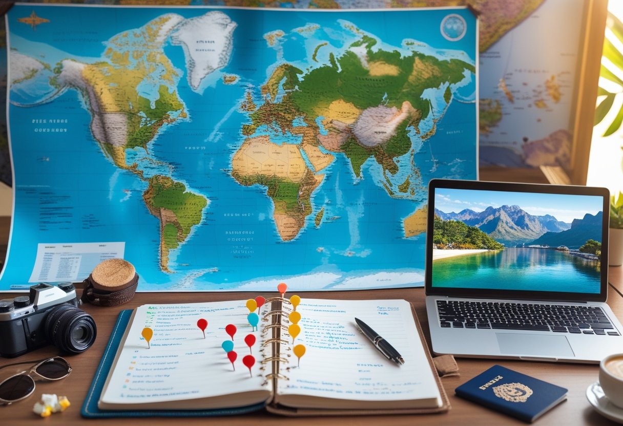 A travel planning setup with a world map, travel journal, laptop showing vacation images, camera, passport, and coffee on a wooden desk.