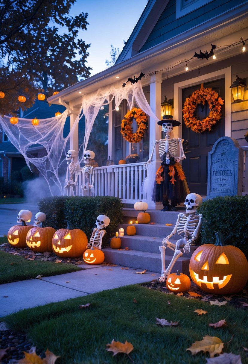32 Outside Halloween Decorations Ideas 2025: Creative Ways to Transform Your Outdoor Space 2 A suburban front yard decorated with pumpkins, skeletons, cobwebs, tombstones, and Halloween lights during twilight.