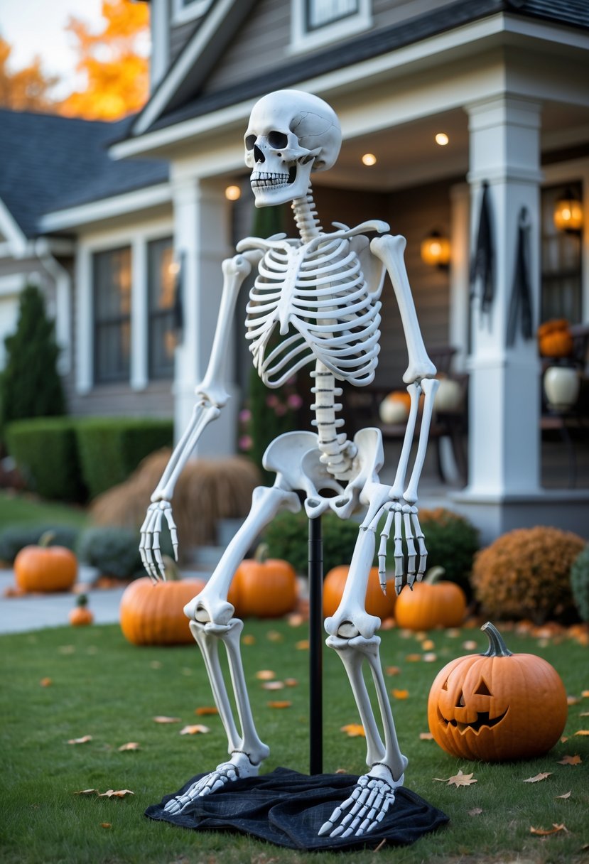 32 Outside Halloween Decorations Ideas 2025: Creative Ways to Transform Your Outdoor Space 3 A large skeleton yard decoration set up outdoors with pumpkins and autumn leaves in front of a house for Halloween.